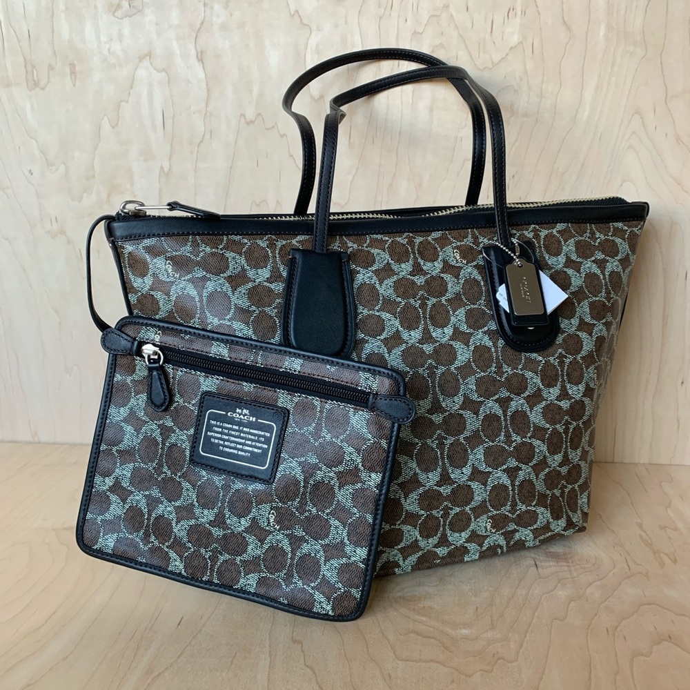 COACH TAXI ZIP TOP TOTE SIGNATURE COATED CANVAS BROWN NEW
